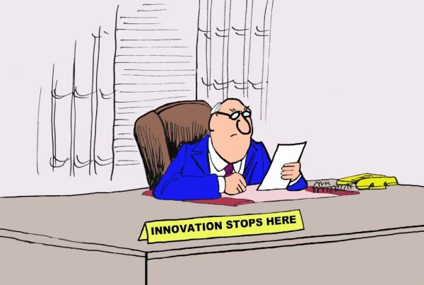 a 2d cartoon which depicts a judge with a the sign innovation stops here