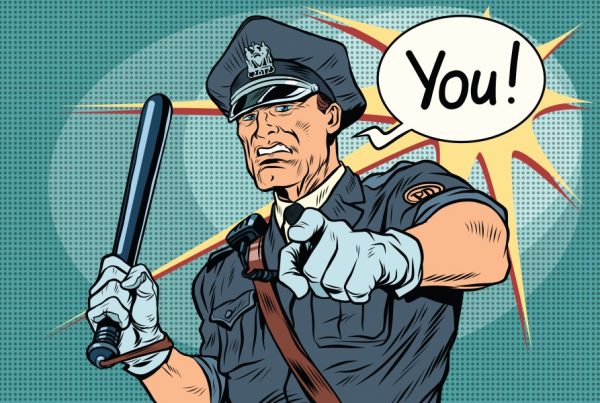 a comic book police officer with a speech bubble saying "you!"