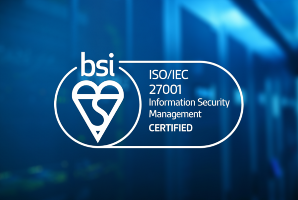 ISO 27001 information security management certified logo on a blue background